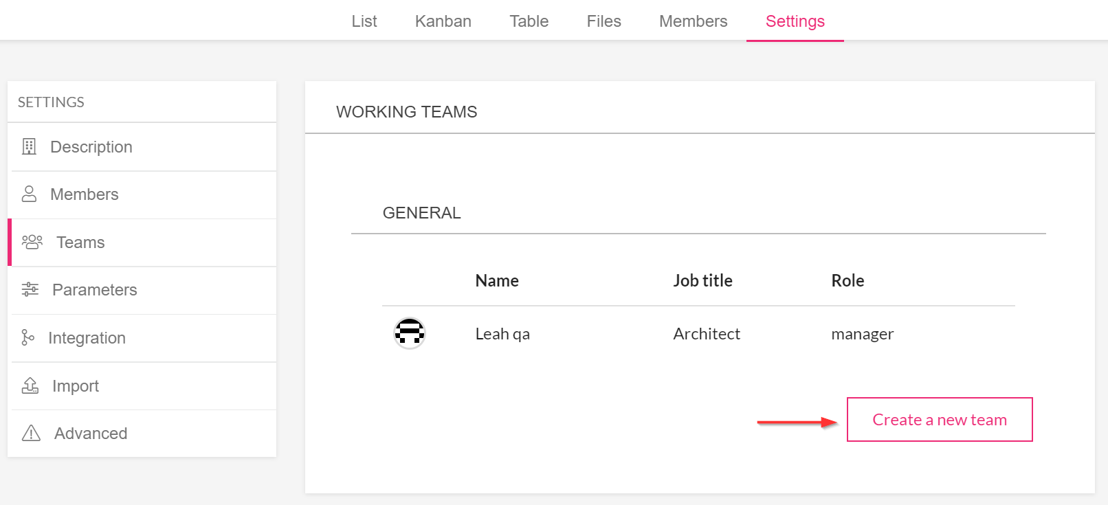Project Teams page